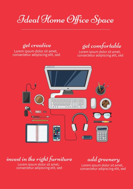 This image features a flat lay composition of essential items for an organized and efficient home office setup on a striking red background. Ideal for articles on optimizing home workspaces, interior decor, productivity tips, and office furnishings. This image can also be used for social media posts, blog entries, and website banners related to remote work, creative spaces, and ergonomic desk setups.