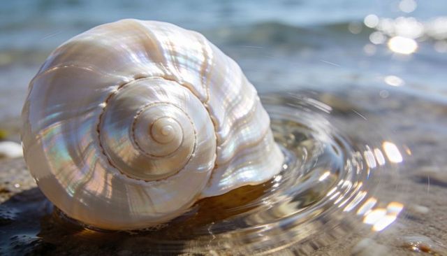 Iridescent spiral seashell resting at waterline with pearly sheen, ripples and sun glints
