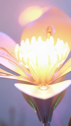 Activating Metallic Flower Intensifying Glowing Core in Futuristic Lab Vertical Clip