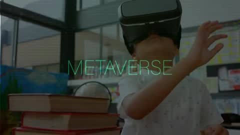 Child Wearing VR Headset Exploring Metaverse in Classroom While Reacting to Glitch
