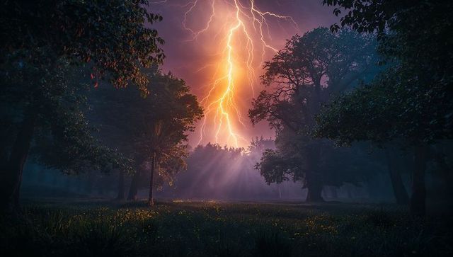 Dramatic Lightning in Enchanted Forest at Twilight