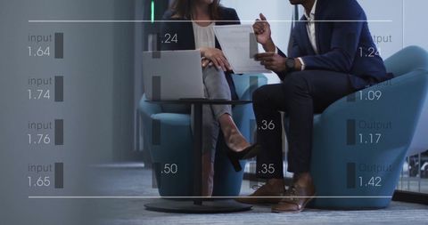 Business meeting with data processing overlay in modern office