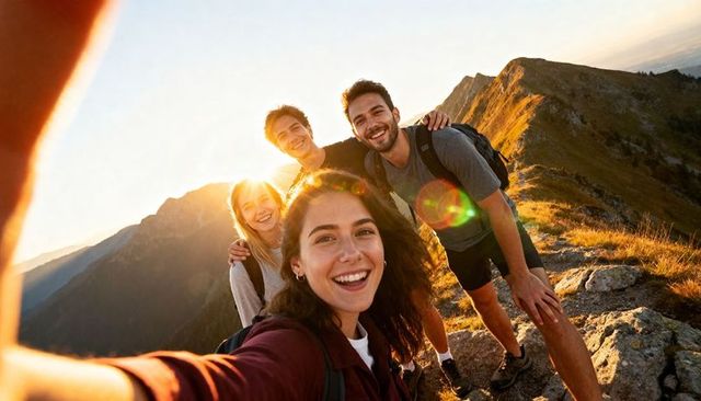 Young friends hiking at sunset taking selfie on mountain ridge smiling outdoor adventure