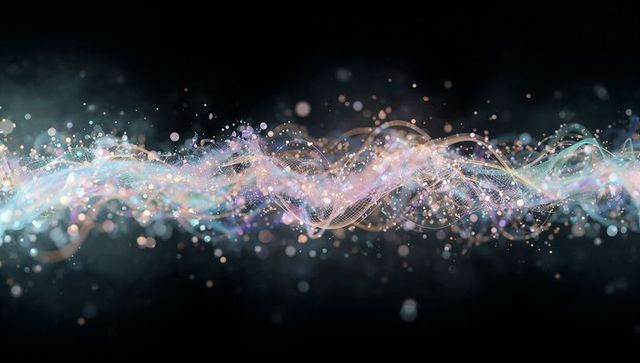Iridescent Particle Wave Flowing Across Dark Void with Mesh Strands and Bokeh Lights