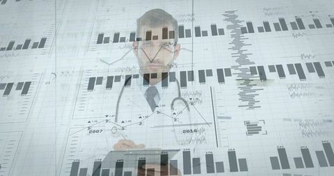 Physician reviewing digital health analytics on tablet with overlaid charts and graphs