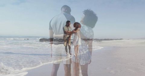 Romantic Couple Strolling Along Tranquil Beach with Double Exposure Effect
