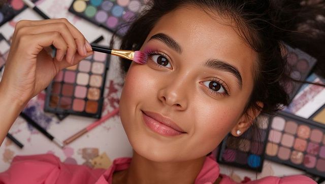Teen applying pink eyeshadow with brush closeup beauty portrait with colorful makeup palettes