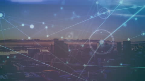 Cityscape with Network Animation Depicting Global Connectivity