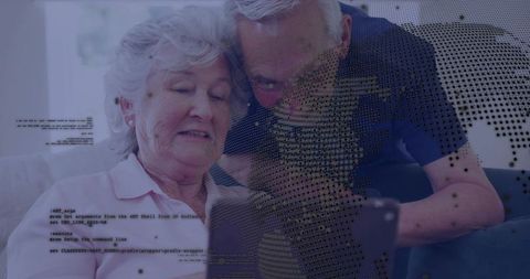 Senior couple learning smartphone and digital coding concepts with global data overlay