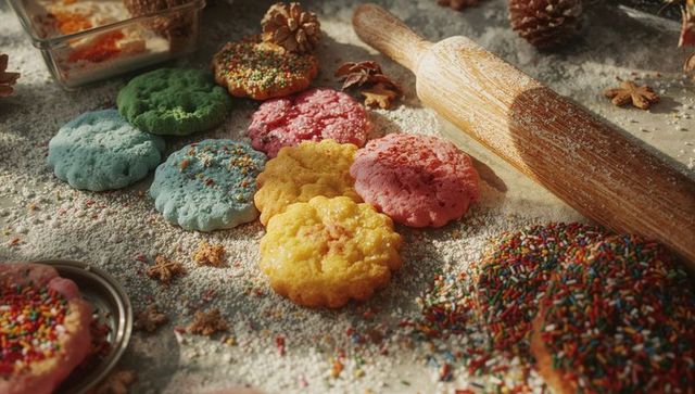 Rustic kitchen table with colorful pastel sugar cookies by rolling pin