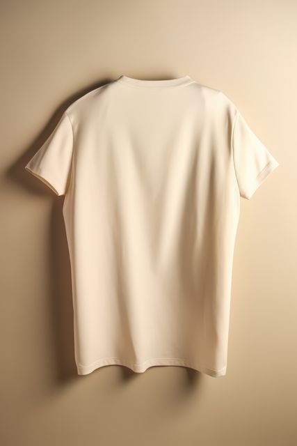 Plain beige t-shirt hanging on wall against neutral background. Ideal for fashion design mockups, online clothing stores, and lifestyle blogs. Emphasis on simplicity and minimalist design.