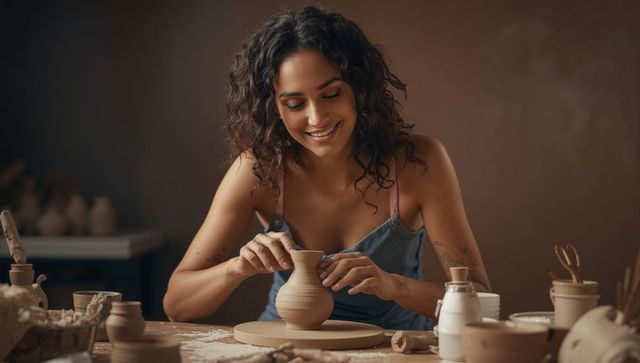 Woman shaping clay vase on pottery wheel in warm studio, handmade ceramics craft