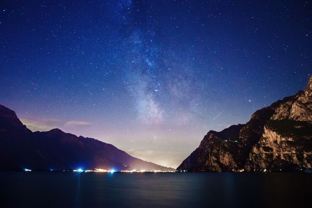 Scenic night sky featuring the Milky Way galaxy over a calm lake surrounded by mountain silhouettes. Ideal for use in nature and astronomy themes, as well as relaxation and travel publications.