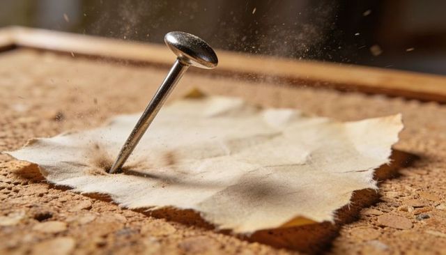 Macro thumbtack piercing torn beige paper on corkboard with flying dust and wood granules