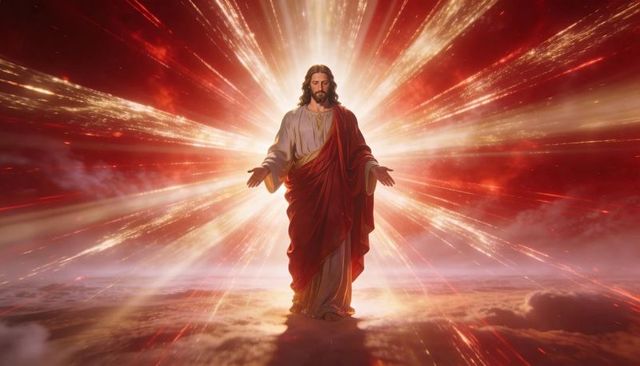 Divine redeemer standing in radiant gold and red light over clouds with open arms