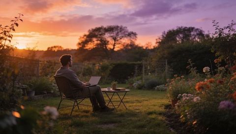 Man sitting in garden at sunset working on laptop with mug on table, peaceful dusk