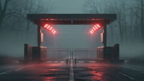 Eerie red alert roadway checkpoint with red light reflection at dusk