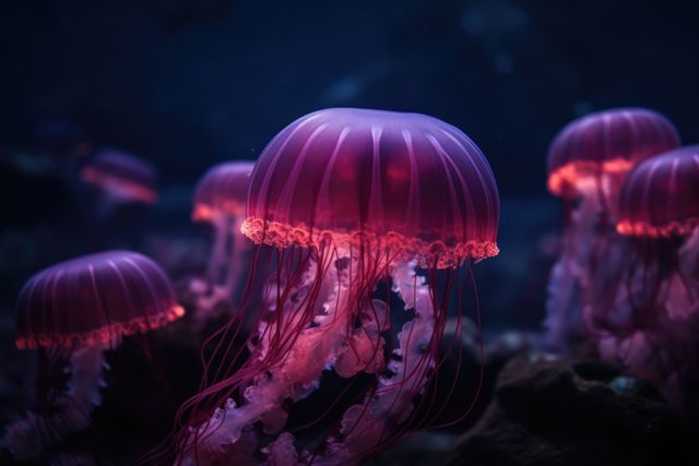 Close up of purple glowing jellyfish underwater, created using generative ai technology. Ocean life, fish and beauty in nature concept digitally generated image.