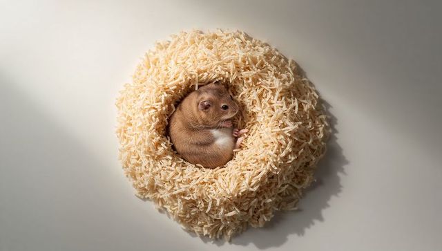 Resting syrian hamster nesting in circular wood shavings, minimalist top-down flatlay