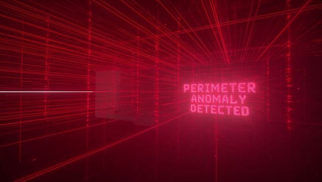 Futuristic security grid displaying perimeter anomaly detected in red laser sensor bay
