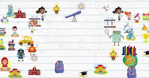 Colorful school items and icons on white background