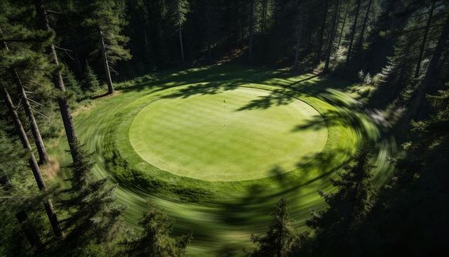 Aerial circular putting green surrounded by conifer forest with distinct mowing patterns