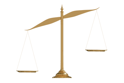 Golden justice scale on transparent background illustrating balance