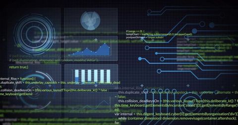 Futuristic translucent HUD dashboard with code overlay and neon circuit analytics visuals