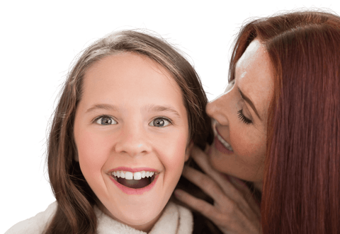 Joyful caucasian mother whispering to daughter on transparent background