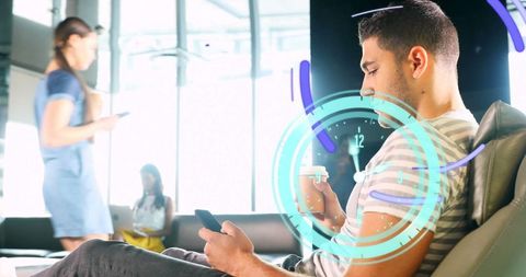 Modern Businessman Navigating Digital Interface with Time Overlay