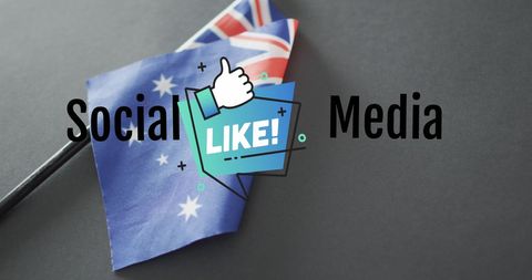 Australian flag with social media like and text overlay