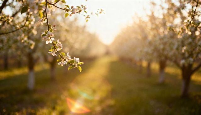 Golden-Hour Orchard Aisle with Backlit Apple Blossoms and Soft Bokeh Sunrise Glow