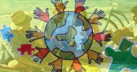 Global Hands of Autism Awareness Encircle Children on Sunny Picnic