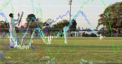 Cricketers playing on park field with financial market charts overlay and analytics data