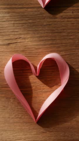 Vertical romantic ribbon hearts sliding together on rustic wooden tabletop
