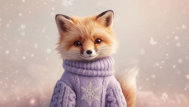 Whimsical red fox wearing lavender chunky knit sweater with snowflake bokeh pastel winter