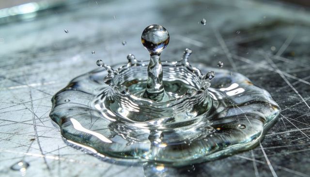 Forming water droplet crown rising with ripples on scratched metal surface, reflective