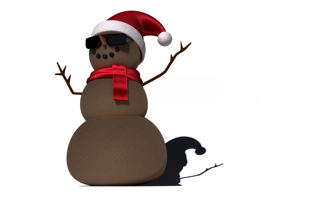 Illustration of a brown snowman wearing sunglasses and Santa hat on a transparent background, perfect for Christmas and winter-themed projects. Suitable for use in holiday cards, festive decorations, digital assets, and more to bring a unique and quirky style to your seasonal designs.