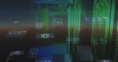 Glowing server racks displaying holographic panels in futuristic data center corridor