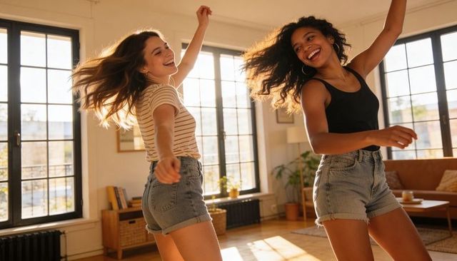 Sunlit dance at home: two friends spinning and laughing in denim shorts