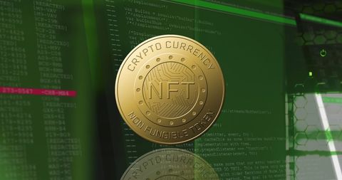 Blockchain Coin Displaying NFT in High-Tech Environment