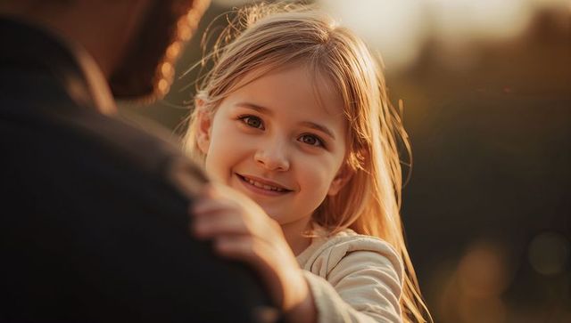 Sunlit smiling girl resting hand on adult shoulder during golden hour outdoors