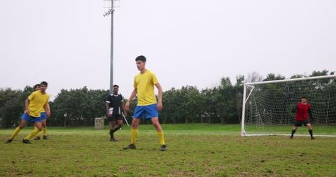 Youth Soccer Players and Referee Ready for Match Kickoff on Grass Field