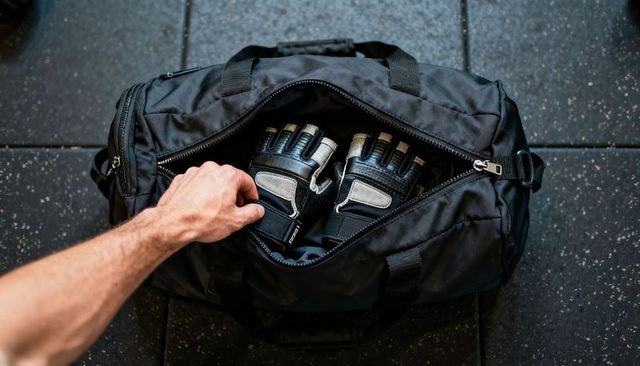 Athlete packing padded gloves into black duffel bag on speckled gym floor