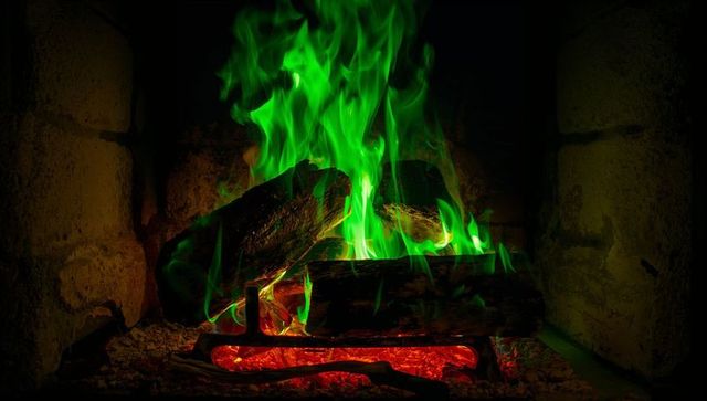 Emerald flames dancing over burning logs in rustic masonry fireplace — fantasy hearth