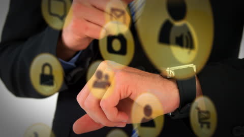 Businessman Interacting with Smartwatch and Virtual Icons