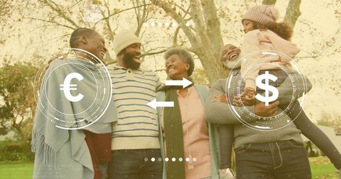 Multigenerational family smiling in autumn park with euro to dollar exchange overlay