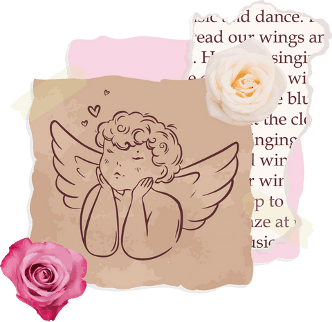 Whimsical cherub collage with roses on transparent background