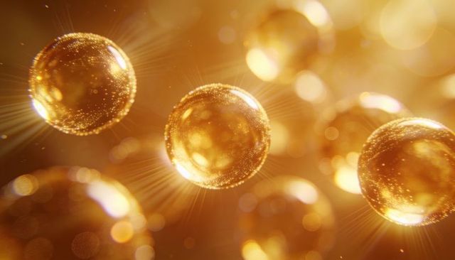 Glowing golden spheres floating in amber bokeh with sparkling particles and starbursts