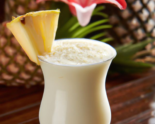Refreshing pina colada garnished with a slice of pineapple on a wooden table. Perfect for marketing summer vacation packages, tropical drink recipes, cruise promotions, cocktail menu designs, and beach party invitations.